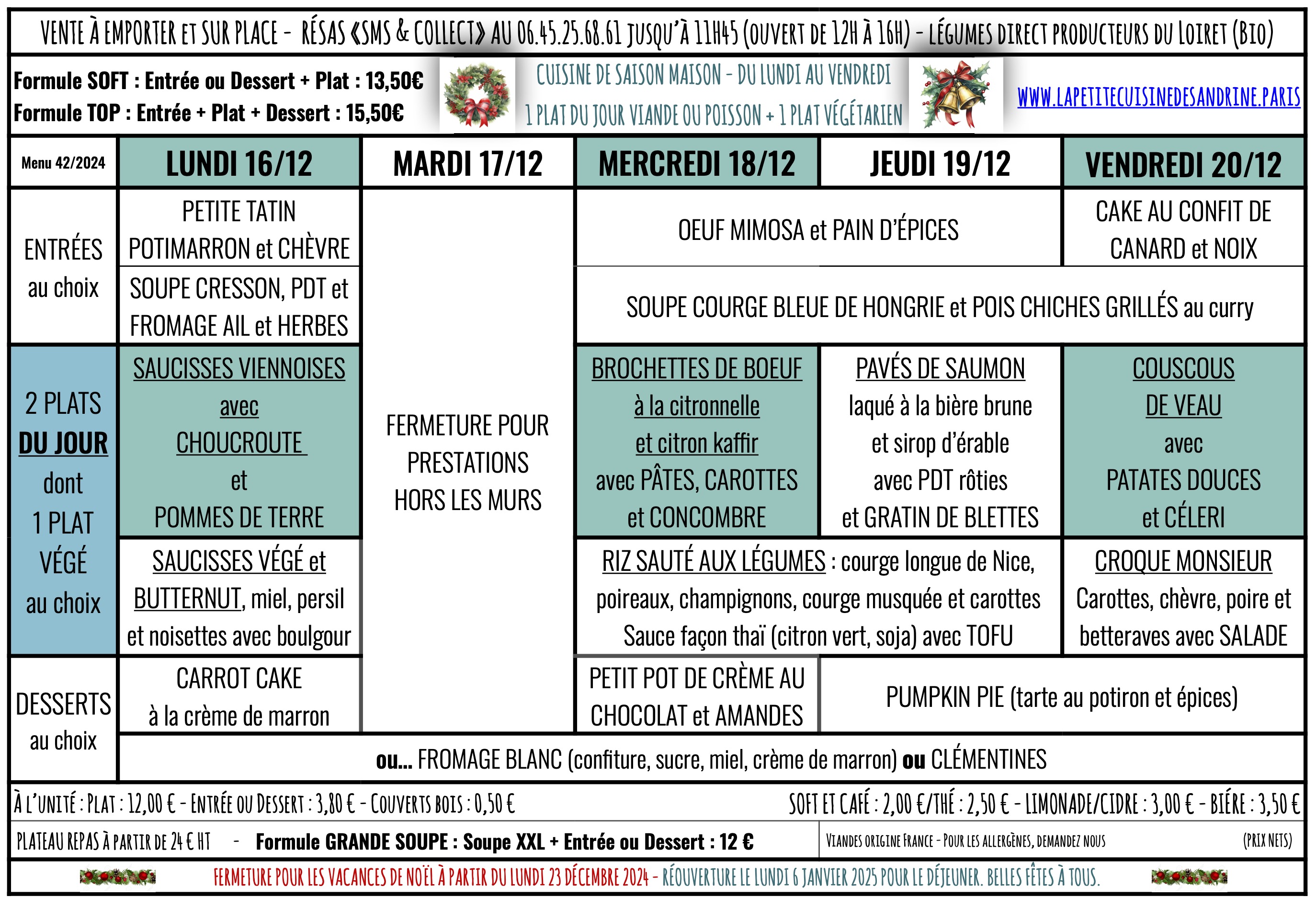 Menu - La petite cuisine de Sandrine, depuis 2016 à Paris 13ème.